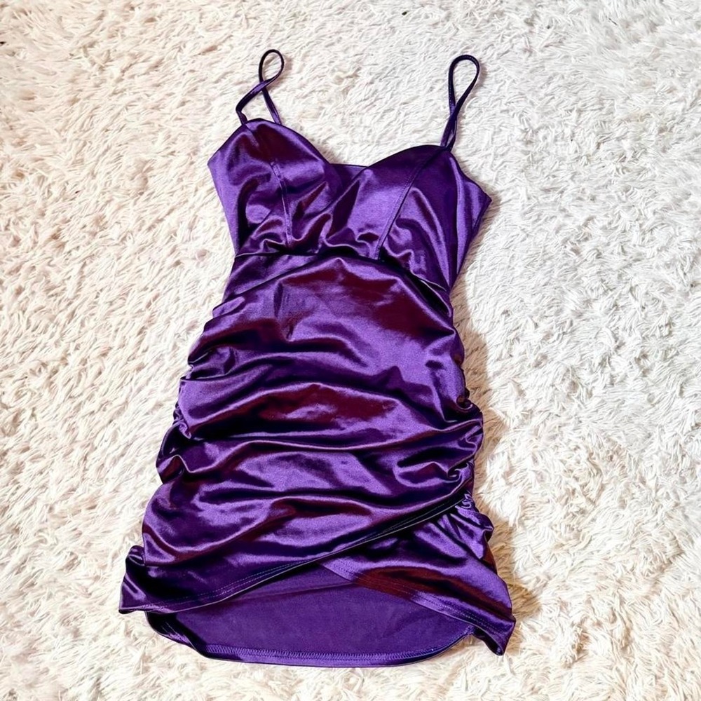 Royal Purple Satin Y2K Ruched Bodycon Clubwear Cocktail Dress Womens S Urban